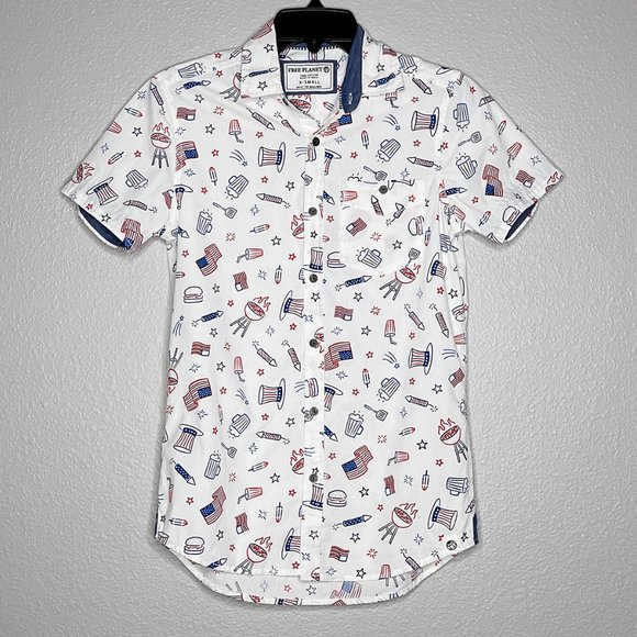 Free Planet White Button Down Patriotic Picnic Summer Size XS - Picture 2 of 11